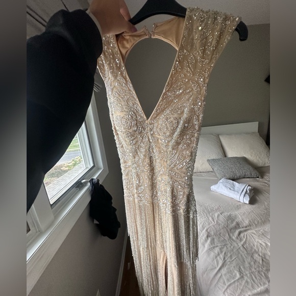 Jovani beige and silver tassel maxi dress open back - Picture 8 of 12